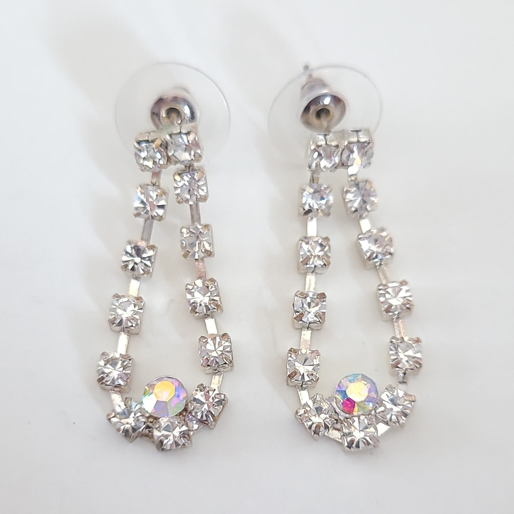 Vintage Rhinestone Drop Earrings Aurora Borealis Crystal Dangle Bridal Glam